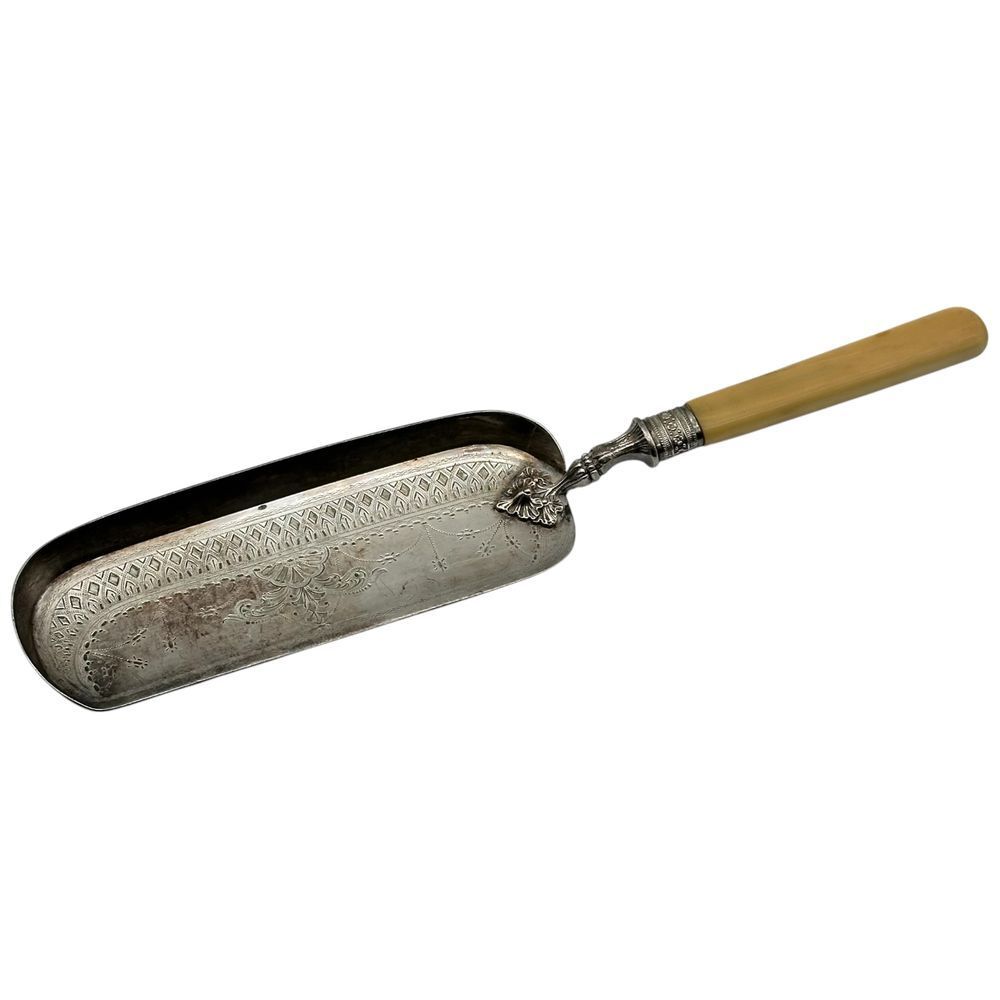 Antique Silver Plate Engraved Crumb Scraper Ivory Cream Handle